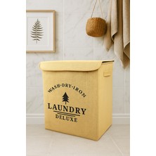 Laundry Baskılı Kapaklı Jüt Çamaşır Kirli Kıyafet Kutusu Büyük Boy 30 x 40 x 50