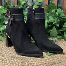 Mey Ayakkabı Lüks Süet Çiçek Tokalı Yüksek Topuklu Siyah Kadın Bot M4581