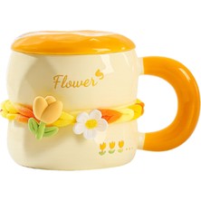 Dörtel Tedarik Tatlı Çiçekli Kahve Fincanı 380 Ml Kapaklı Ve Kaşıklı Seramik Kupa Sarı