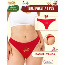 Alya Underwear Yeni Yıl Temalı String, Kırmızı Tanga Külot (Merry Christmas Baskılı) Tekli Paket, Xl