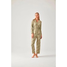 Pamuk & Pamuk Fıstık Yeşil Çiçek Desenli Belden Bağlı Viskon Kadın Pijama Takımı