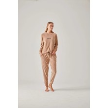 Pamuk & Pamuk Bej Wild Taş Baskılı Kadife Kadın Pijama Takımı