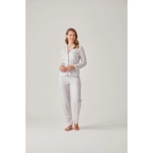 Pamuk & Pamuk Gri Çizgili Önden Düğmeli Baskılı Modal Pamuk Kadın Pijama Takımı