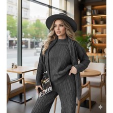 Anbly Collection Şal Atkı Detaylı Saç Örgü Desenli Pantolon Kazakikili Takım