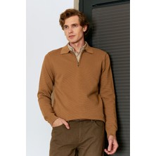 Erkek Fermuarlı Polo Yaka Kazak Triko Kabartmalı Örgü Düz Renk Klasik Kalıp - 5240F