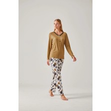 Pamuk & Pamuk Ceviz Yeşil Tişört & Siyah Ceviz Yeşil Çiçek Desenli Viskon Kadın Pijama Takımı