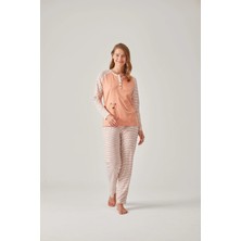 Pamuk & Pamuk Turuncu Çizgili Raglan Kol Baskılı Modal Pamuk Kadın Pijama Takımı