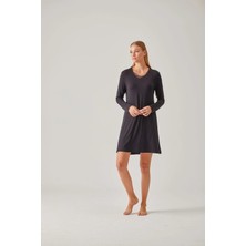 Pamuk & Pamuk Siyah V Yaka Saten Biyeli Viskon Kadın Gecelik