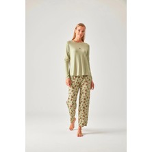 Pamuk & Pamuk Fıstık Yeşil Çiçek Baskılı Bisiklet Yaka Pijama Takımı