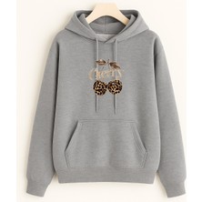 EYDAMOON Kadın Kışlık Pamuklu Leopar Dudak Baskılı Kapüşonlu Kanguru Cepli Regular Sweatshirt