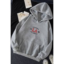 EYDAMOON Erkek Kışlık California Los Angeles Baskılı Pamuklu Kapüşonlu Kanguru Cepli Sweatshirt