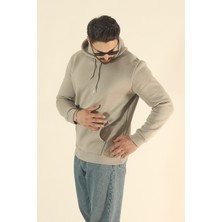 EYDAMOON Erkek Basic Kışlık Yumuşak Dokulu Sweatshirt - Taş Regular Kanguru Cepli Kapüşonlu