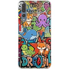 PrintiFy Huawei P20 Pro ile Uyumlu Grafiti Mini Tasarımlı Şeffaf Silikon Kılıf