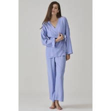 Pamuk & Pamuk Kadın Mavi Jakarlı Kimono Yaka Pijama Takımı