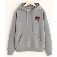 EYDAMOON Kadın Kışlık Pamuklu Minimal Leopar Dudak Baskılı Kapüşonlu Kanguru Cepli Regular Sweatshirt