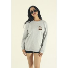 EYDAMOON Kadın Kışlık Pamuklu Minimal Leopard Cherry Baskılı Regular Bisiklet Yaka Sweatshirt