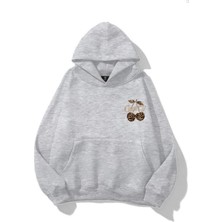EYDAMOON Kadın Kışlık Minimal Leopard Cherry Baskılı Kapüşonlu Kanguru Cepli Regular Sweatshirt