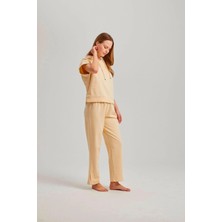 Pamuk & Pamuk Bej Kısa Kol Kapşonlu Bel Aksesuarlı Iki Iplik Kadın Pantolonlu Takım