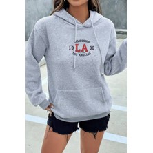 EYDAMOON Kadın Kışlık Pamuklu California Baskılı Kapüşonlu Kanguru Cepli Regular Sweatshirt