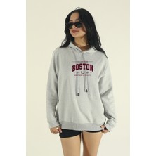 EYDAMOON Kadın Kışlık Boston Yazılı Regular Pamuklu Kapüşonlu Sweatshirt