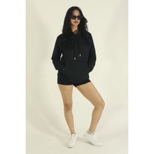 EYDAMOON Kadın Siyah Kışlık Relaxed Içi Polarlı Pamuklu Kanguru Cepli Kapüşonlu Sweatshirt