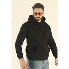 EYDAMOON Erkek Basic Kışlık Yumuşak Dokulu Sweatshirt - Siyah Regular Kanguru Cepli Kapüşonlu