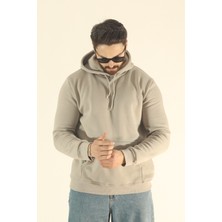 EYDAMOON Erkek Basic Kışlık Içi Polarlı Sweatshirt - Taş Regular Kanguru Cepli Kapüşonlu