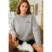 EYDAMOON Kadın Kışlık Pamuklu Minimal Los Angeles Baskılı Regular Bisiklet Yaka Sweatshirt