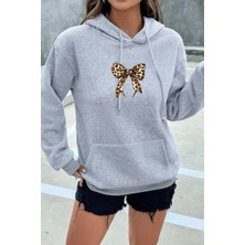 EYDAMOON Kadın Kışlık Pamuklu Leopar Fiyonk Baskılı Kapüşonlu Kanguru Cepli Regular Sweatshirt