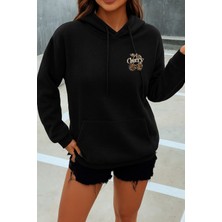 EYDAMOON Kadın Kışlık Minimal Leopard Cherry Baskılı Kapüşonlu Kanguru Cepli Regular Sweatshirt