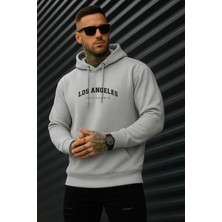EYDAMOON Erkek Kışlık Los Angeles Baskılı Pamuklu Regular Kapüşonlu Kanguru Cepli Sweatshirt