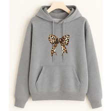 EYDAMOON Kadın Kışlık Pamuklu Leopar Fiyonk Baskılı Kapüşonlu Kanguru Cepli Regular Sweatshirt