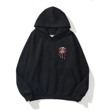 EYDAMOON Kadın Kışlık Pamuklu Minimal Leopar Dudak Baskılı Kapüşonlu Kanguru Cepli Regular Sweatshirt