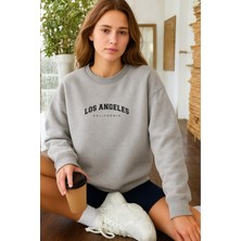 EYDAMOON Kadın Kışlık Pamuklu Los Angeles Baskılı Regular Bisiklet Yaka Sweatshirt