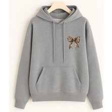 EYDAMOON Kadın Kışlık Minimal Leopar Fiyonk Baskılı Kapüşonlu Kanguru Cepli Regular Sweatshirt