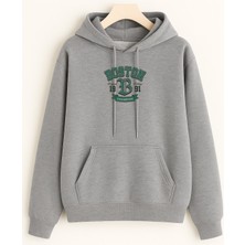 EYDAMOON Erkek Kışlık Boston Baskılı Pamuklu Kapüşonlu Kanguru Cepli Regular Sweatshirt