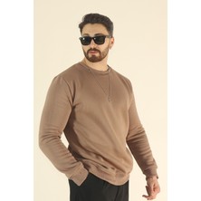 EYDAMOON Erkek Basic Kışlık Içi Polarlı Sweatshirt - Kahverengi Regular Bisiklet Yaka