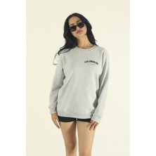 EYDAMOON Kadın Kışlık Pamuklu Minimal Los Angeles Baskılı Regular Bisiklet Yaka Sweatshirt
