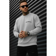 EYDAMOON Erkek Kışlık Pamuklu Minimal Los Angeles Baskılı Regular Bisiklet Yaka Sweatshirt