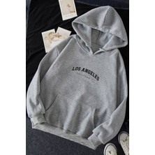 EYDAMOON Erkek Kışlık Los Angeles Baskılı Pamuklu Regular Kapüşonlu Kanguru Cepli Sweatshirt