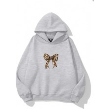 EYDAMOON Kadın Kışlık Pamuklu Leopar Fiyonk Baskılı Regular Kapüşonlu Sweatshirt