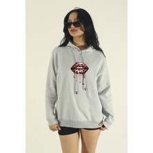 EYDAMOON Kadın Kışlık Pamuklu Leopar Dudak Baskılı Regular Kapüşonlu Sweatshirt
