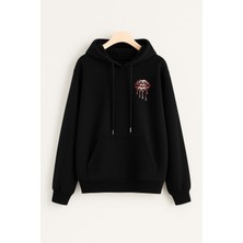 EYDAMOON Kadın Kışlık Pamuklu Minimal Leopar Dudak Baskılı Kapüşonlu Kanguru Cepli Regular Sweatshirt