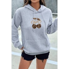 EYDAMOON Kadın Kışlık Pamuklu Leopard Cherry Baskılı Kapüşonlu Kanguru Cepli Regular Sweatshirt