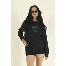 EYDAMOON Kadın Kışlık Boston Baskılı Regular Pamuklu Bisiklet Yaka Sweatshirt
