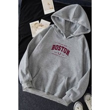 EYDAMOON Unisex Kışlık Boston Baskılı Sweatshirt Gri Renkli Regular Fit Kapüşonlu Tasarım