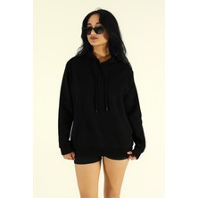 EYDAMOON Kadın Siyah Kışlık Relaxed Içi Polarlı Pamuklu Kapüşonlu Sweatshirt