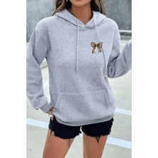 EYDAMOON Kadın Kışlık Minimal Leopar Fiyonk Baskılı Kapüşonlu Kanguru Cepli Regular Sweatshirt