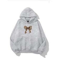 EYDAMOON Kadın Kışlık Pamuklu Leopar Fiyonk Baskılı Kapüşonlu Kanguru Cepli Regular Sweatshirt