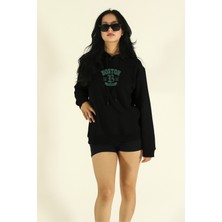 EYDAMOON Kadın Kışlık Boston Baskılı Regular Pamuklu Içi Polarlı Kapüşonlu Sweatshirt